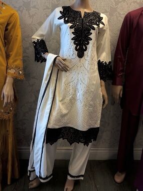 Elegant White & Black Embroidered Wedding Dress